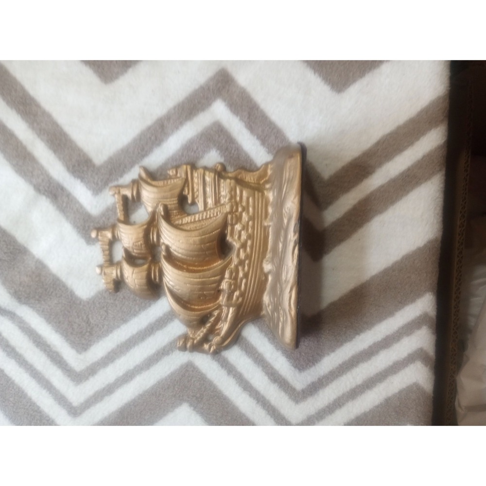 Cast Iron Gold Painted Bookend Ship Nautical Vtg Pirate (1)